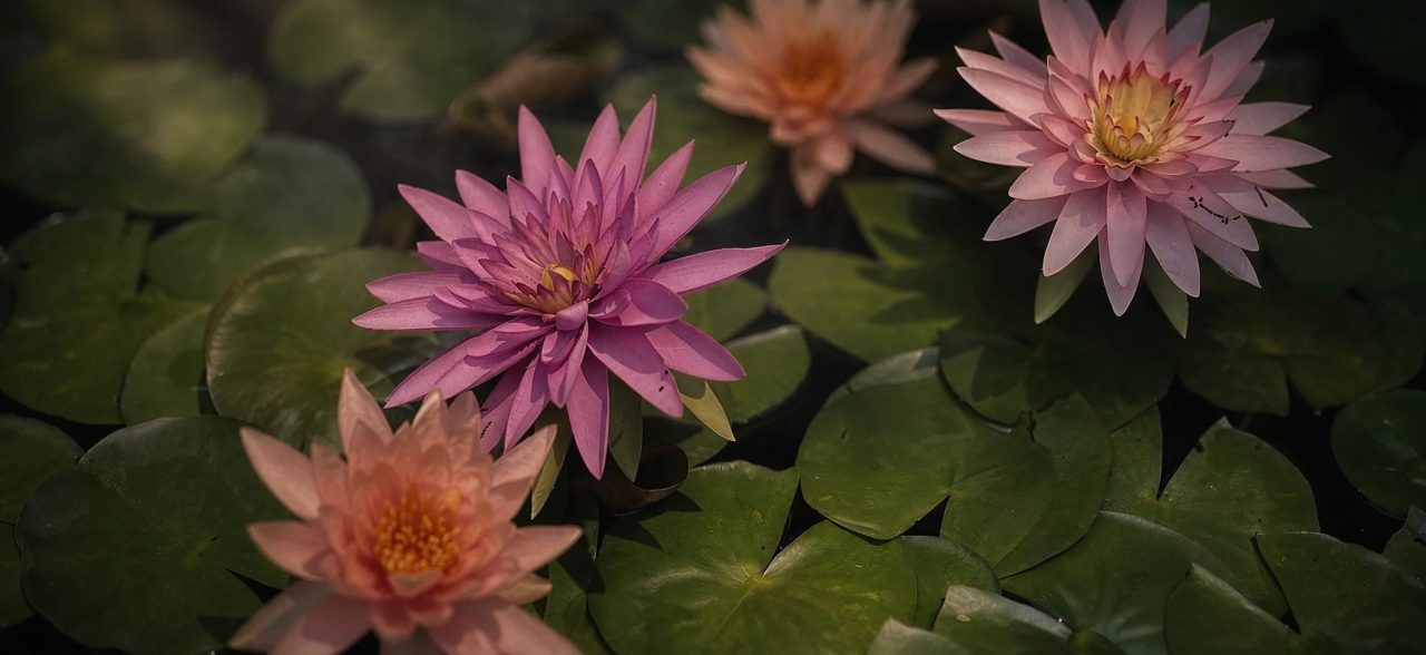 Pink and coral water lilies open among lily pads on a pond