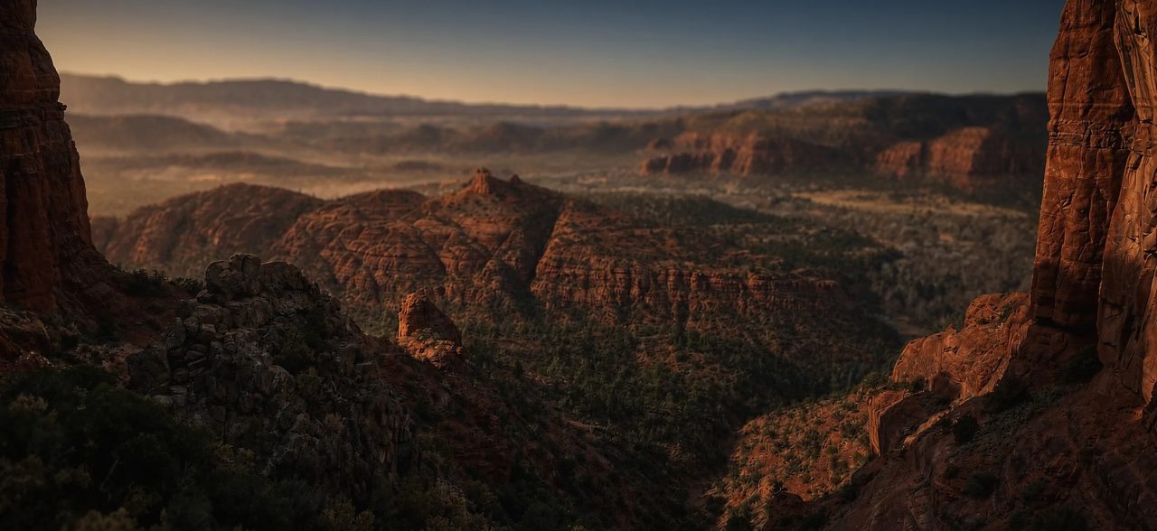 Red rock mesas and canyon walls stretching to the horizon in late afternoon light