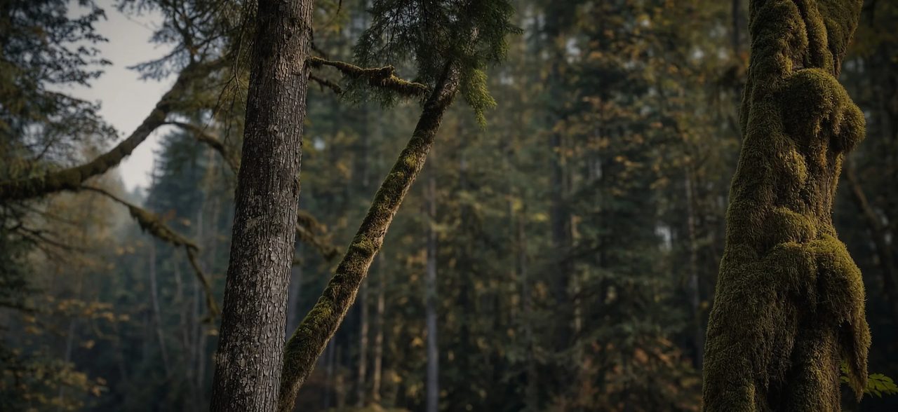 Moss-covered tree trunks and a leaning branch in a misty evergreen forest