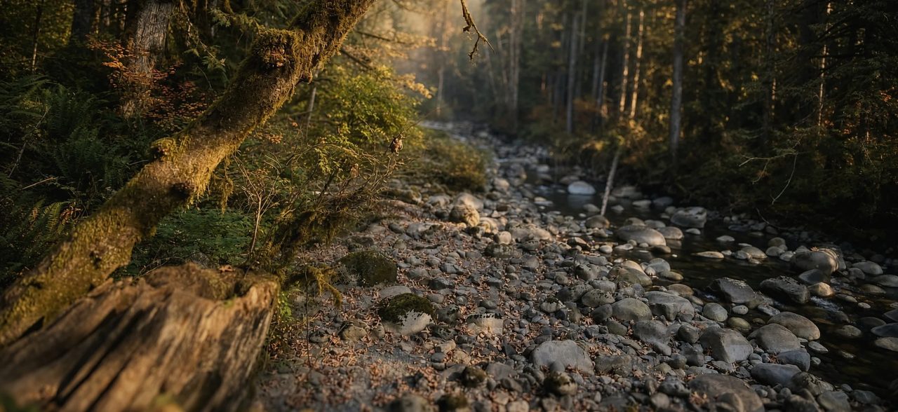 A gravel riverbed of round stones beside a shallow creek, a mossy trunk in warm light