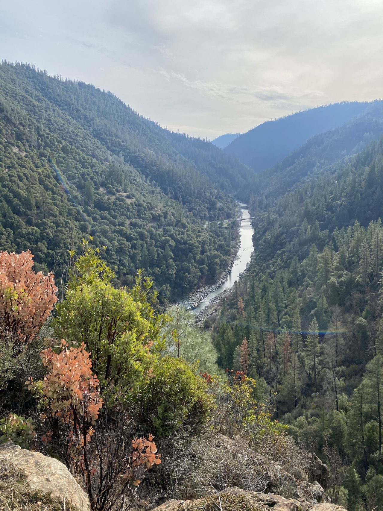 A river winding through a deep forested valley seen from above