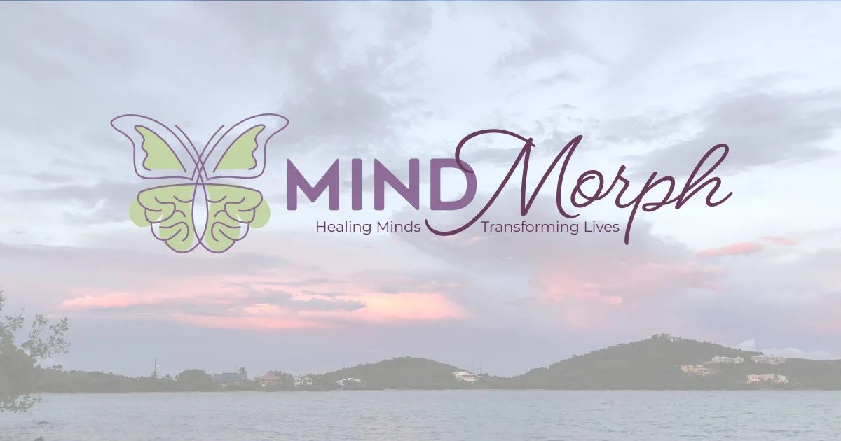 MindMorph logo, a butterfly with brain-shaped wings beside the words Healing Minds, Transforming Lives, over a pink sunset above a calm bay
