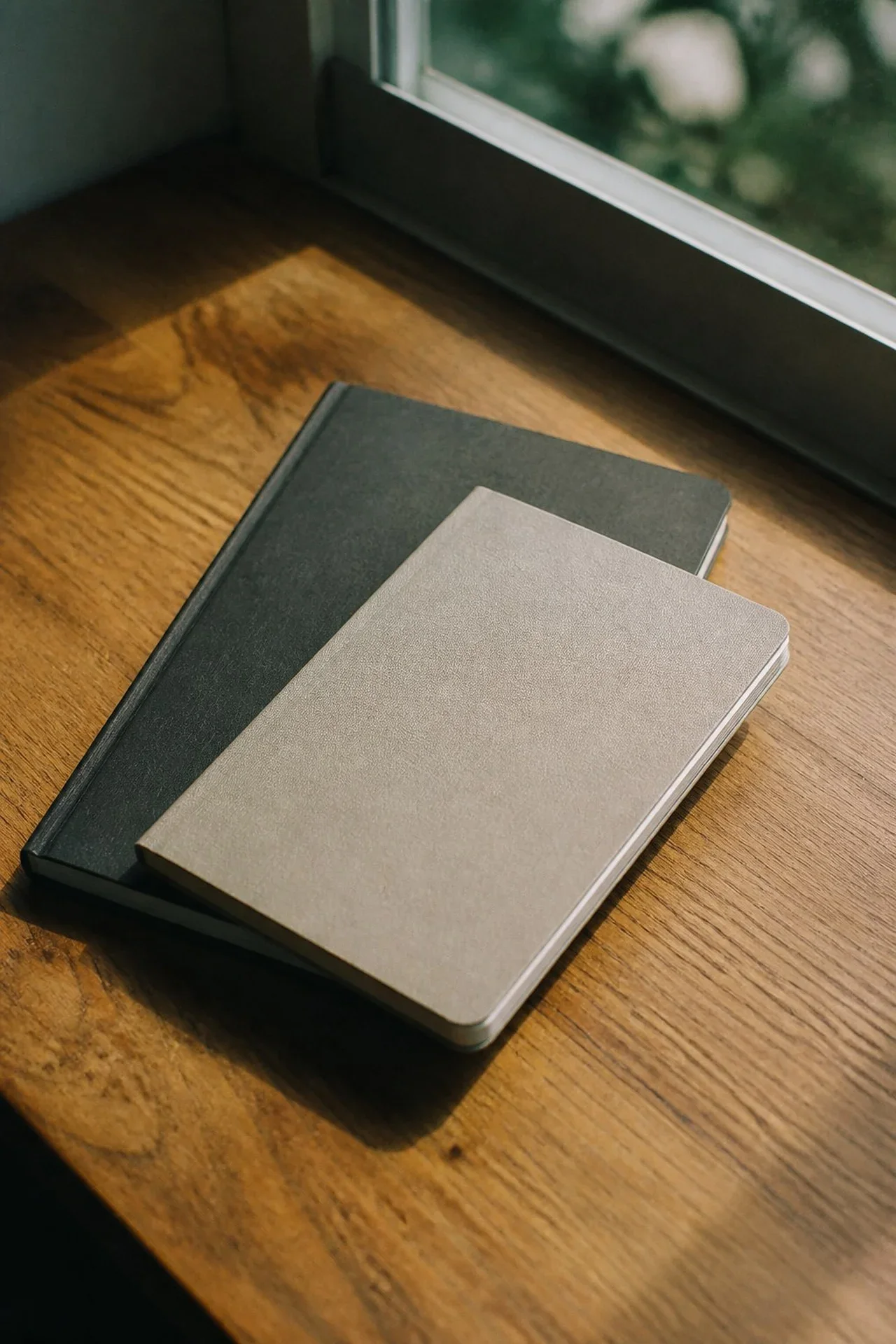 Two closed notebooks stacked on a sunlit wooden windowsill, one pale grey and one near-black.